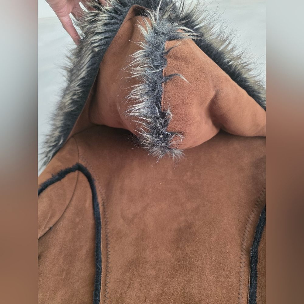 Vtg Brown Faux Suede Fur Hooded Full Length Long Afghan Penny Lane Coat Sz M - Picture 13 of 16